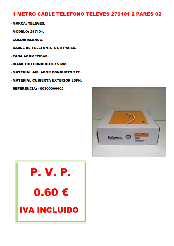 1 METRO CABLE TELEFONO TELEVES 270101 2 PARES 02