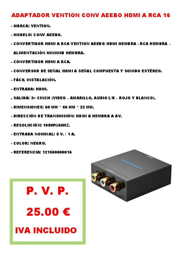 ADAPTADOR VENTION CONV AEEBO HDMI A RCA 16