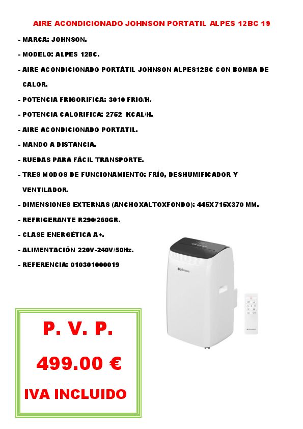 AIRE ACONDICIONADO JOHNSON PORTATIL ALPES 12BC 19