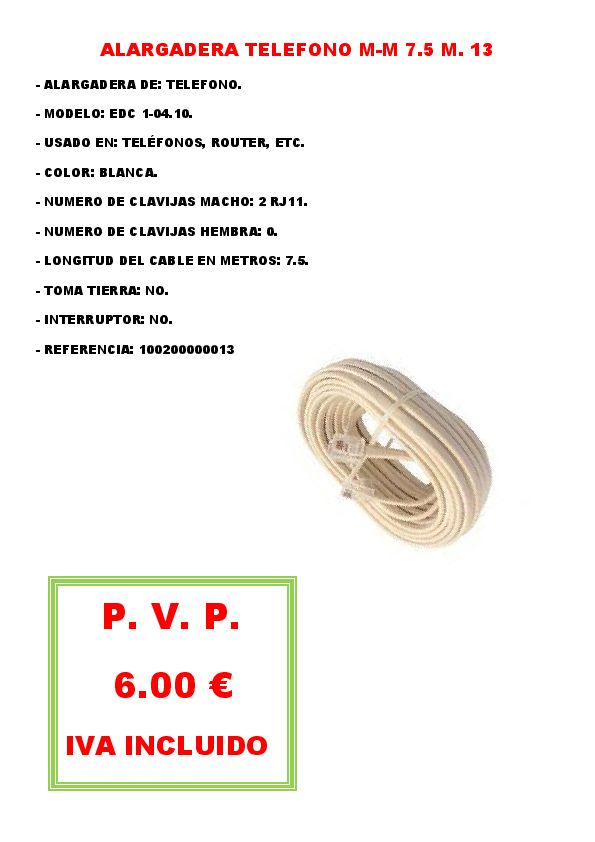 ALARGADERA TELEFONO M-M 7.5 M. 13