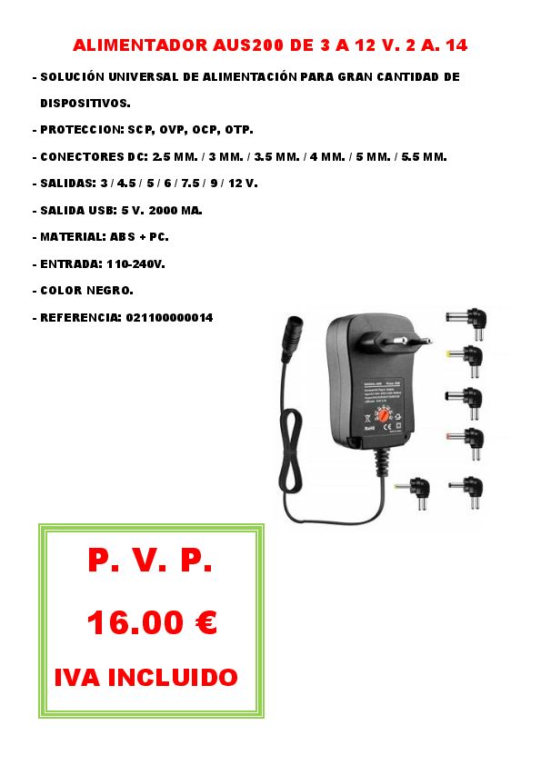 ALIMENTADOR AUS200 DE 3 A 12 V. 2 A. 14