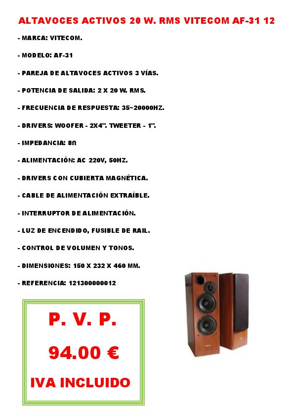 ALTAVOCES ACTIVOS 20 W. RMS VITECOM AF-31 12