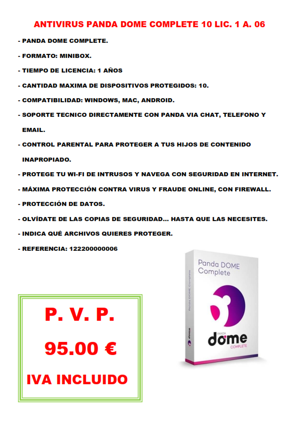 ANTIVIRUS PANDA DOME COMPLETE 25 LIC. 1 A. 06
