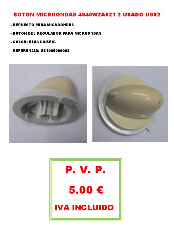 BOTON MICROONDAS 4940W2A021 2 USADO US02  