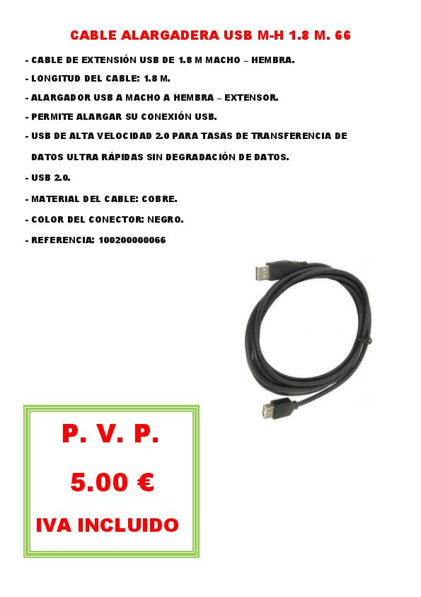 CABLE ALARGADERA USB M-H 1.8 M. 66