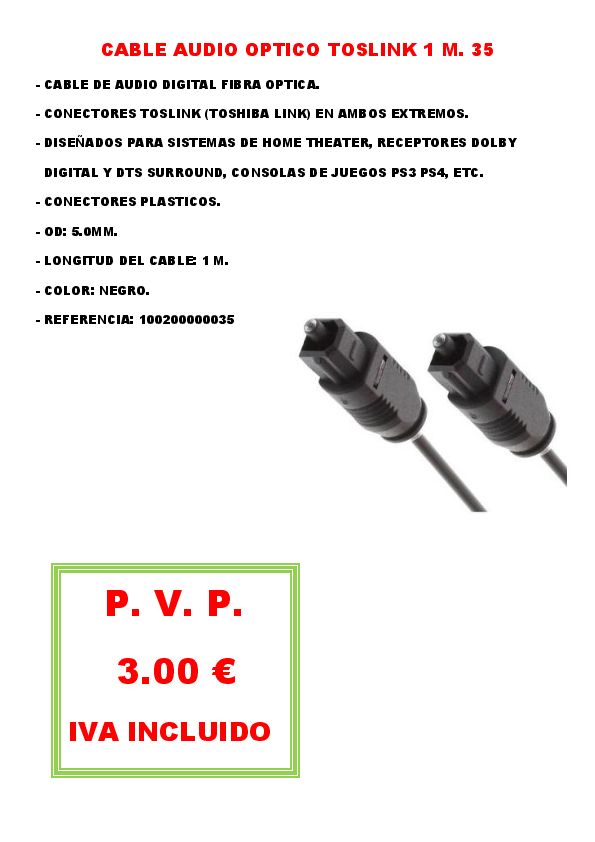 CABLE AUDIO OPTICO TOSLINK 1 M. 35