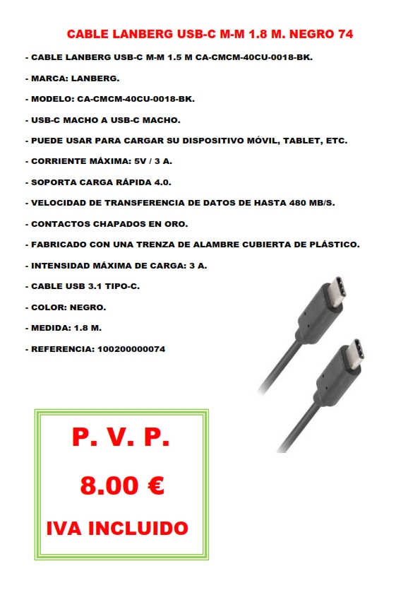 CABLE LANBERG USB-C M-M 1.8 M. NEGRO 74