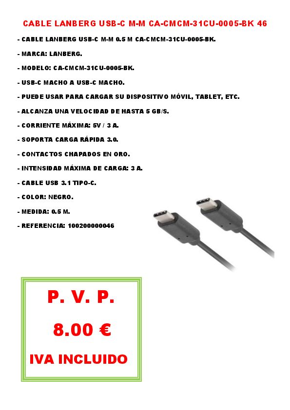 CABLE LANBERG USB-C M-M CA-CMCM-31CU-0005-BK 46