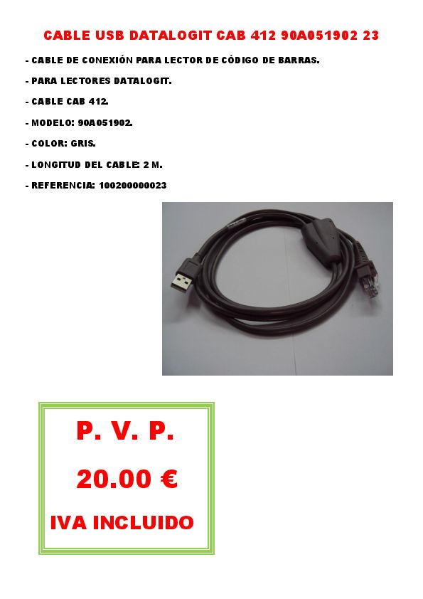 CABLE USB DATALOGIT CAB 412 90A051902 23 