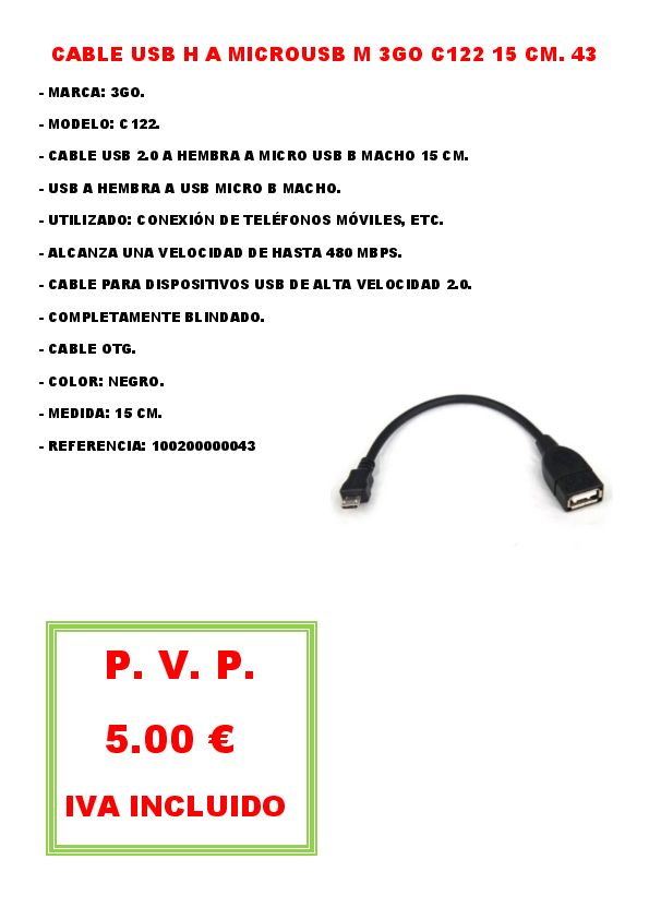 CABLE USB H A MICROUSB M 3GO C122 15 CM. 43