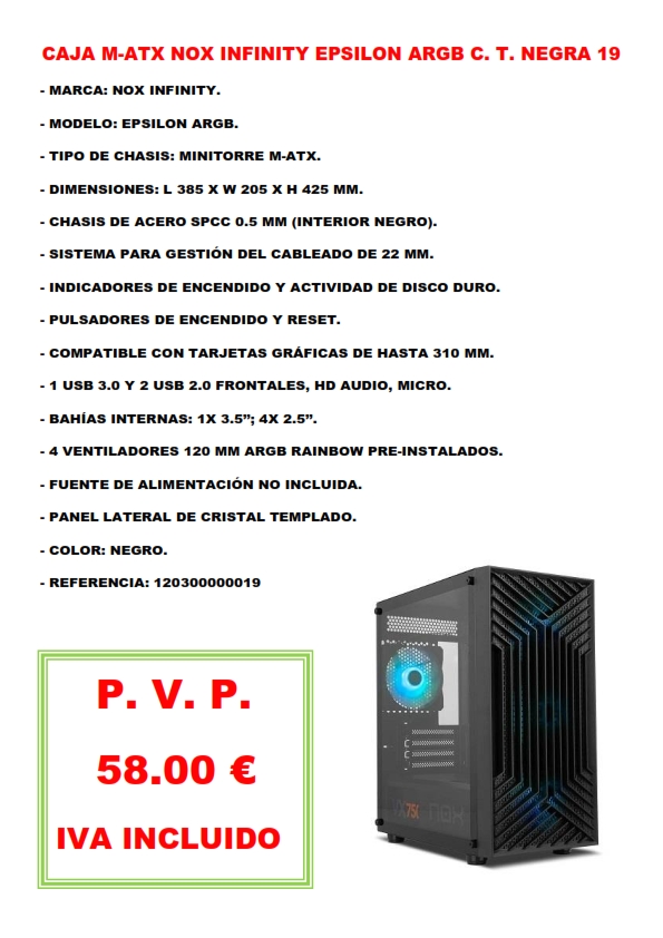 CAJA M-ATX NOX INFINITY EPSILON ARGB C. T. NEGRA 19
