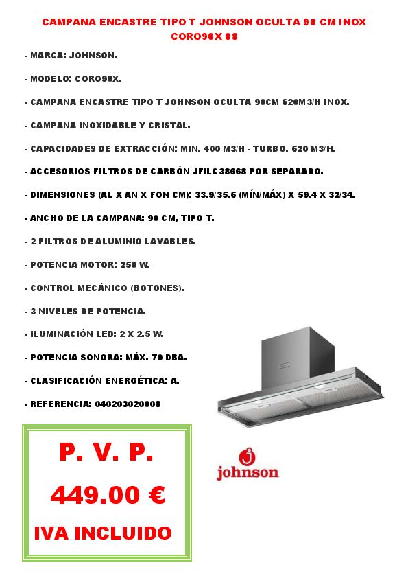 CAMPANA ENCASTRE TIPO T JOHNSON OCULTA 90 CM INOX CORO90X 08