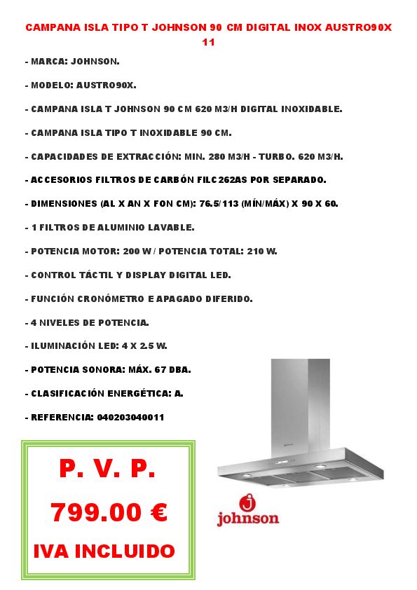 CAMPANA ISLA TIPO T JOHNSON 90 CM DIGITAL INOX AUSTRO90X 11