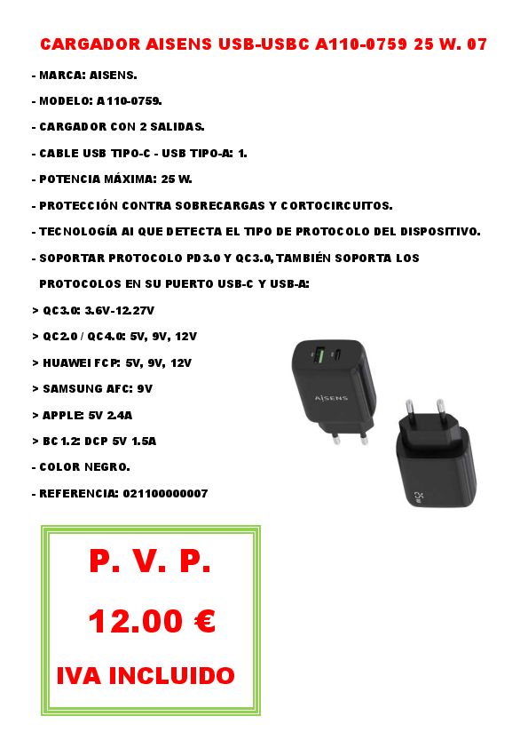 CARGADOR AISENS USB-USBC A110-0759 25 W. 07