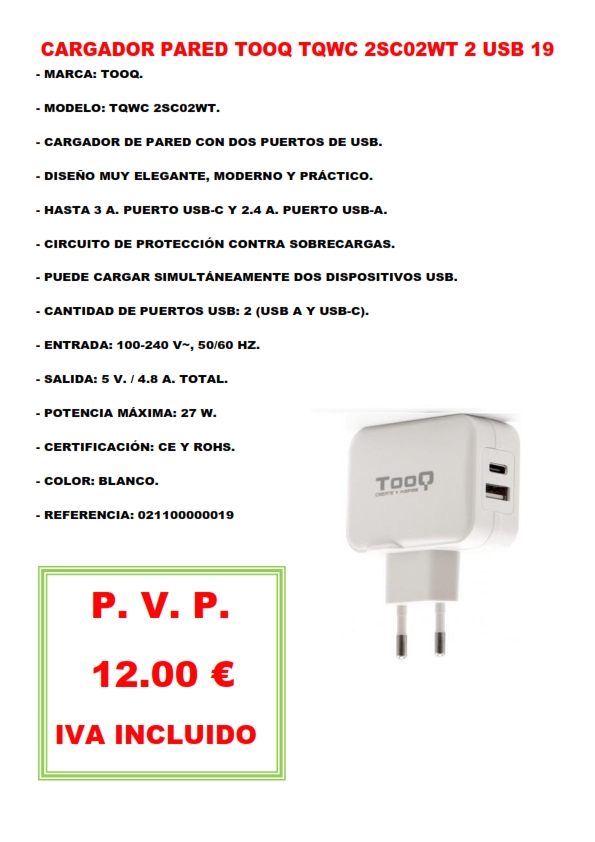 CARGADOR PARED TOOQ TQWC 2SC02WT 2 USB 19