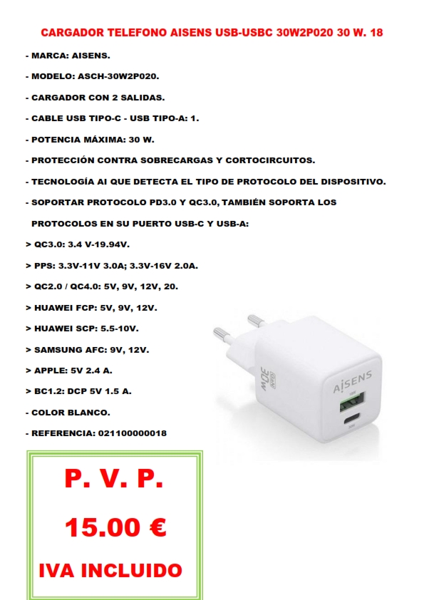 CARGADOR TELEFONO AISENS USB-USBC 30W2P020 30 W. 18