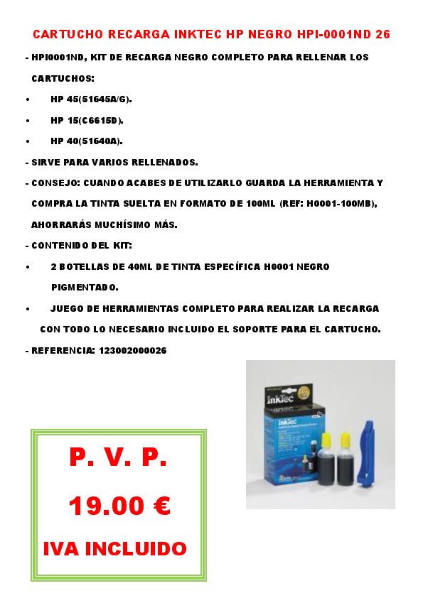 CARTUCHO RECARGA INKTEC HP NEGRO HPI-0001ND 26