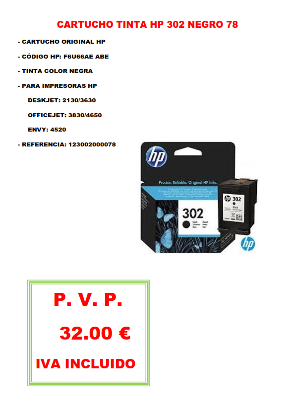 CARTUCHO TINTA HP 302 ORIGINAL NEGRO 78