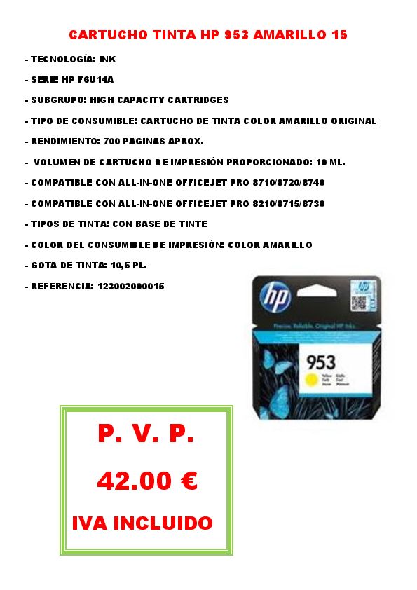 CARTUCHO TINTA HP 953 AMARILLO ORIGINAL 15