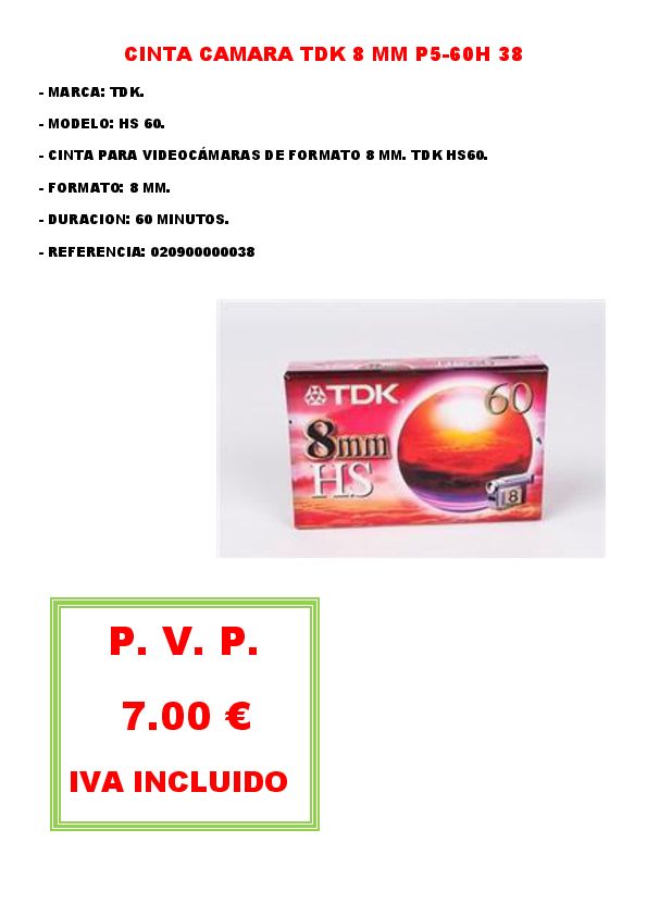 CINTA CAMARA TDK 8 MM P5-60H 38