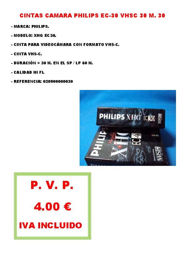 CINTAS CAMARA PHILIPS EC-30 VHSC 30 M. 30