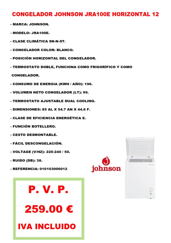 CONGELADOR JOHNSON JRA100E HORIZONTAL 12