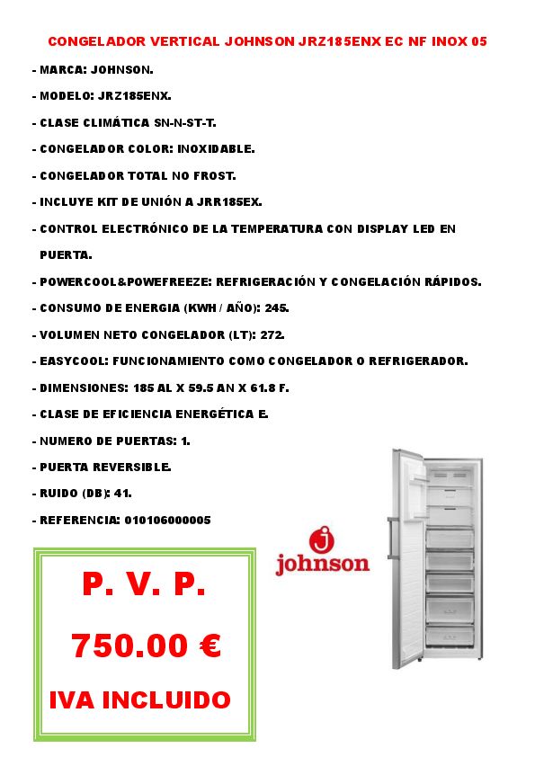 CONGELADOR VERTICAL JOHNSON JRZ185ENX EC NF INOX 05