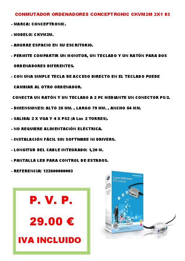 CONMUTADOR ORDENADORES CONCEPTRONIC CKVM2M 2X1 03