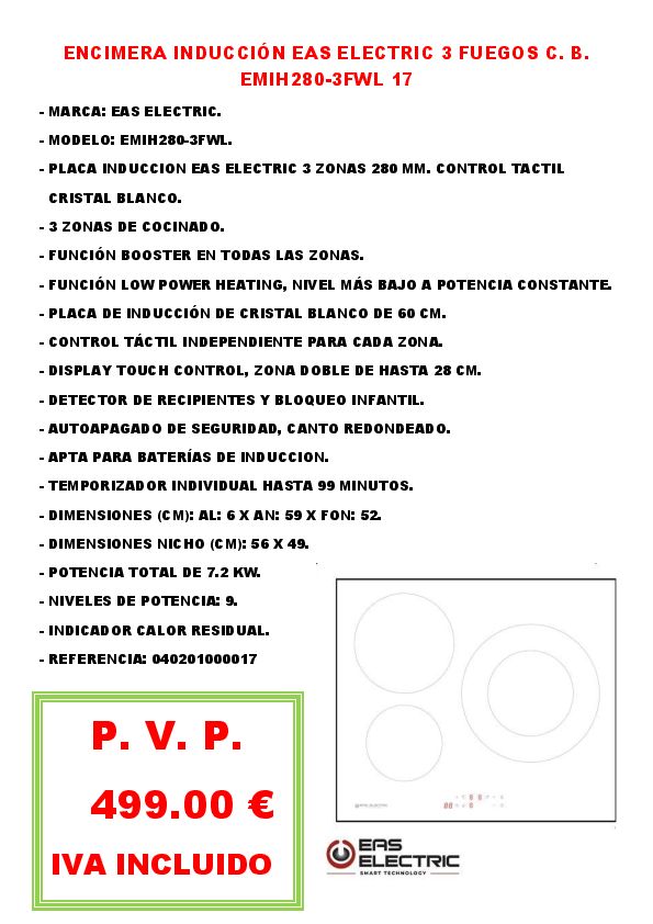 ENCIMERA INDUCCIÓN EAS ELECTRIC 3 FUEGOS C. B. EMIH280-3FWL 17
