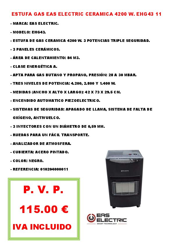 ESTUFA GAS EAS ELECTRIC CERAMICA 4200 W. EHG43 11