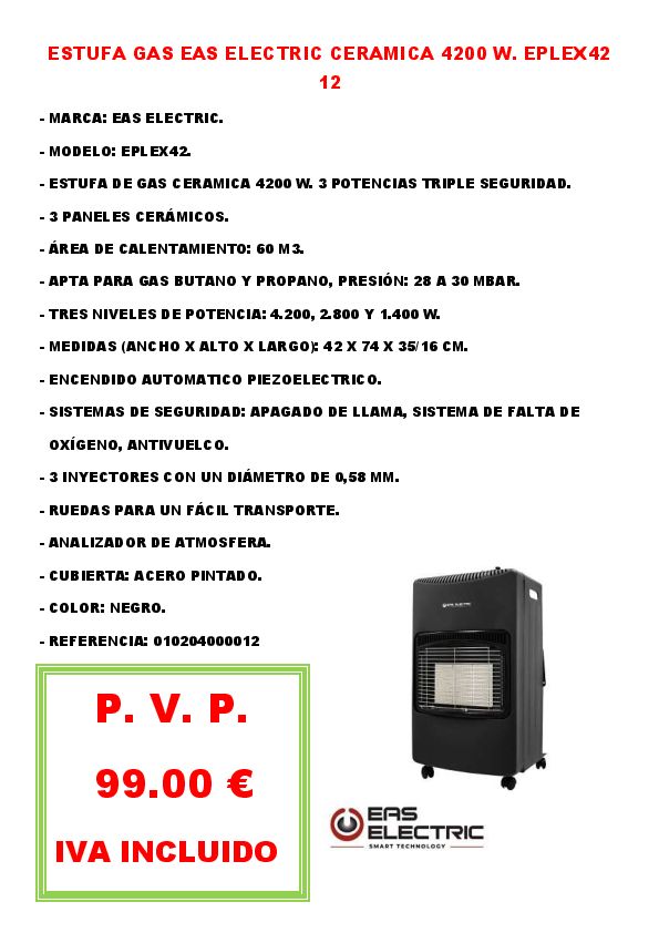 ESTUFA GAS EAS ELECTRIC CERAMICA 4200 W. EPLEX42 12