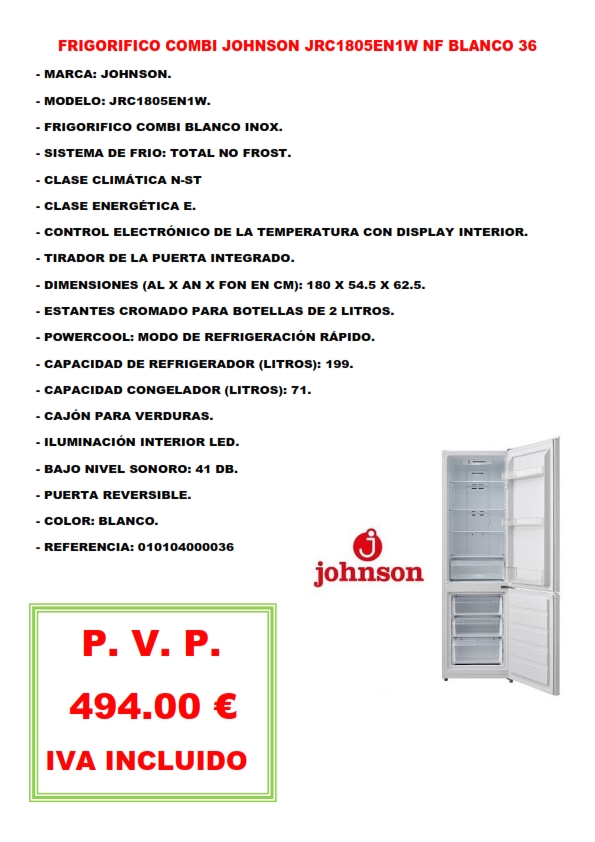 FRIGORIFICO COMBI JOHNSON JRC1805EN1W NF BLANCO 36