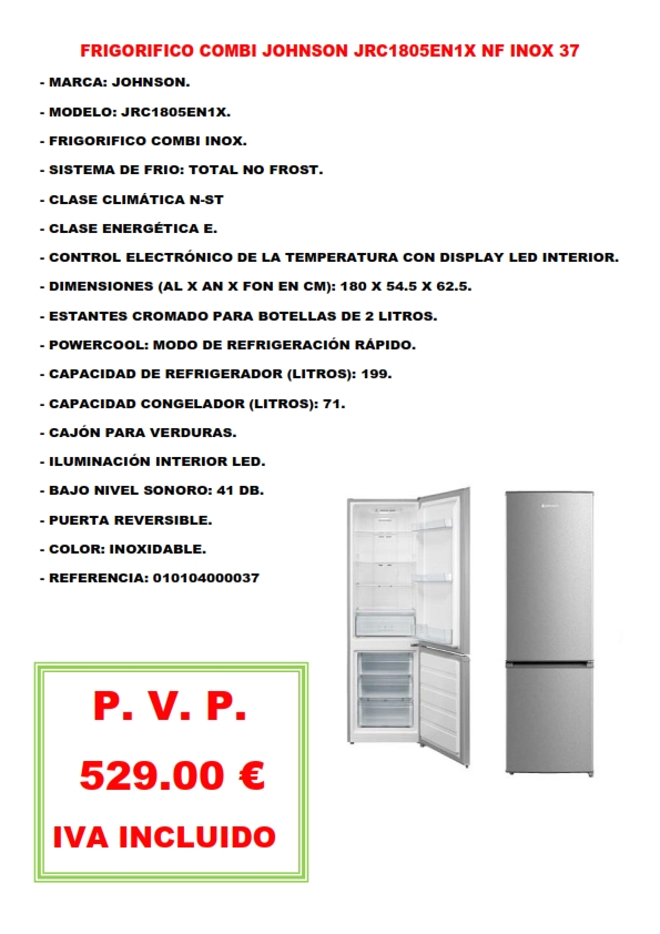FRIGORIFICO COMBI JOHNSON JRC1805EN1X NF INOX 37
