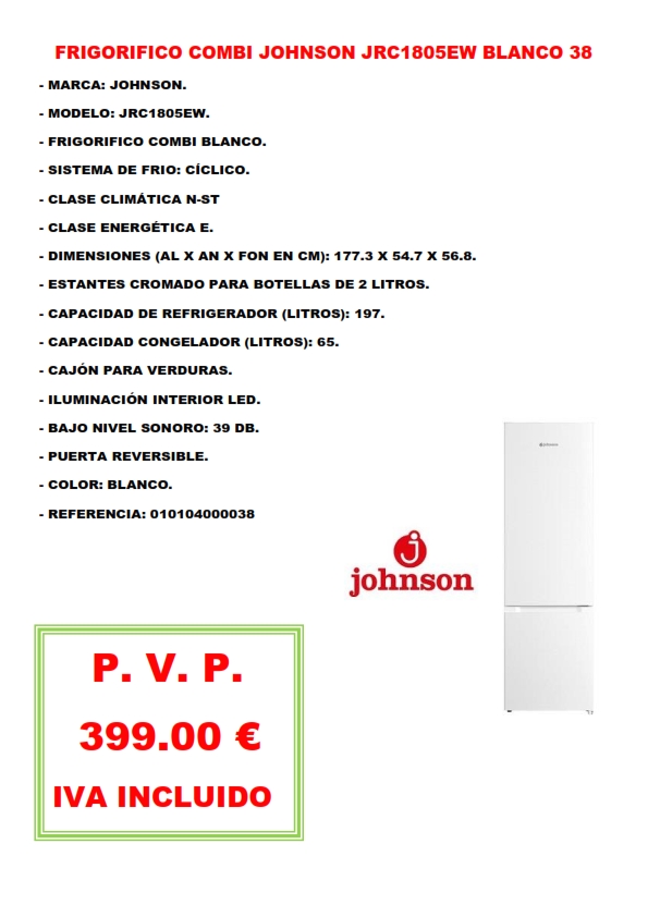FRIGORIFICO COMBI JOHNSON JRC1805EW BLANCO 38