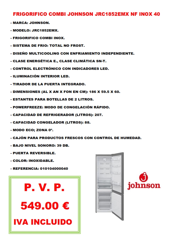 FRIGORIFICO COMBI JOHNSON JRC1852EMX NF INOX 40