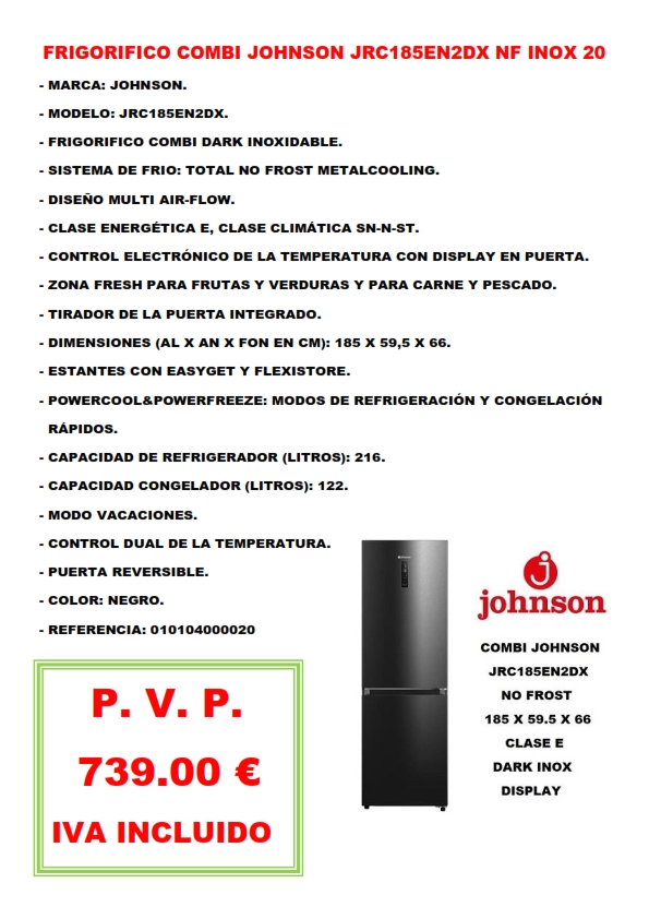 FRIGORIFICO COMBI JOHNSON JRC185EN2DX NF INOX 20
