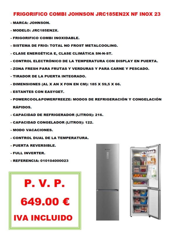FRIGORIFICO COMBI JOHNSON JRC185EN2X NF INOX 23