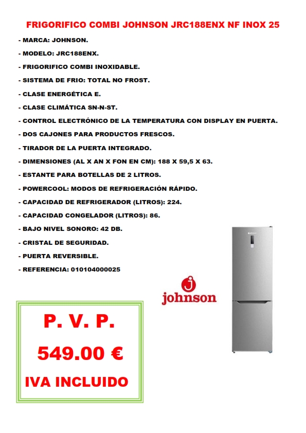 FRIGORIFICO COMBI JOHNSON JRC188ENX NF INOX 25