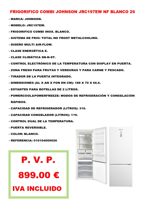FRIGORIFICO COMBI JOHNSON JRC197EW NF BLANCO 26