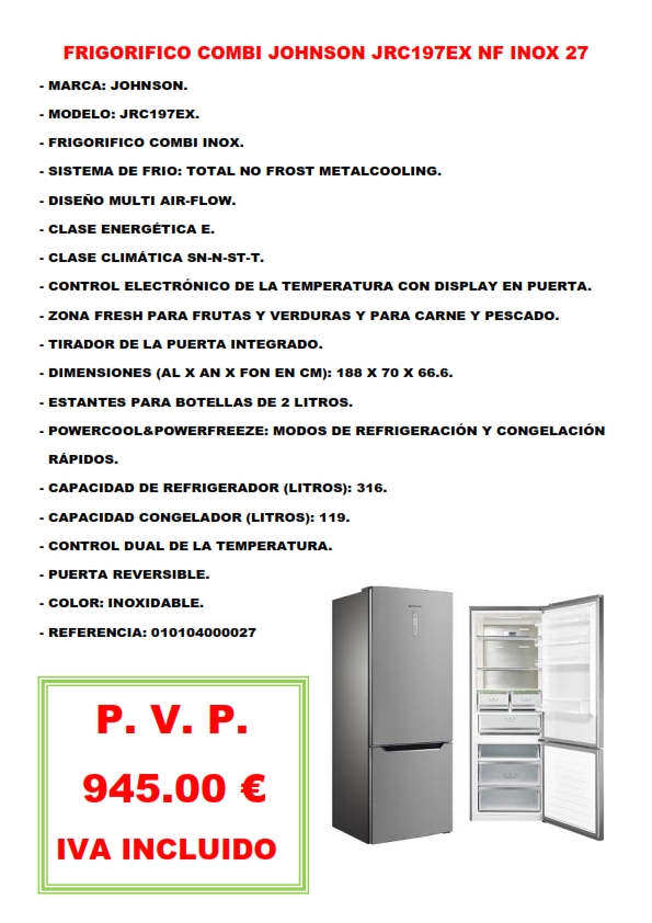 FRIGORIFICO COMBI JOHNSON JRC197EX NF INOX 27