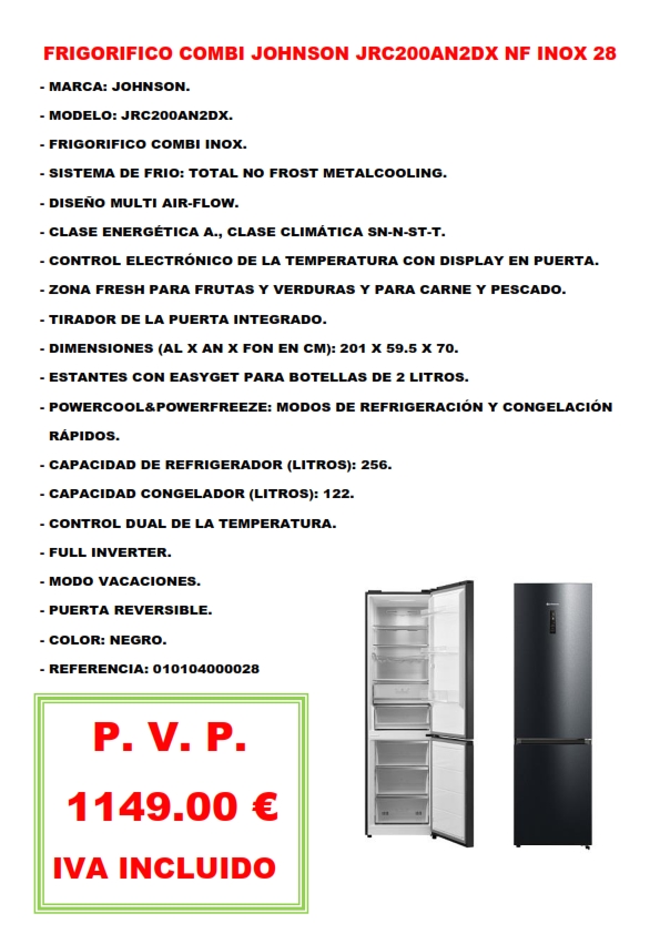 FRIGORIFICO COMBI JOHNSON JRC200AN2DX NF INOX 28