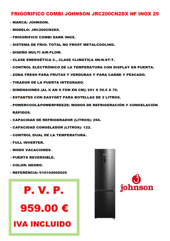 FRIGORIFICO COMBI JOHNSON JRC200CN2DX NF INOX 29