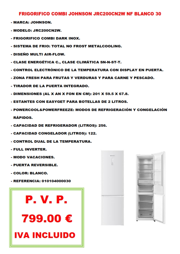 FRIGORIFICO COMBI JOHNSON JRC200CN2W NF BLANCO 30