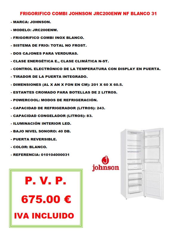 FRIGORIFICO COMBI JOHNSON JRC200ENW NF BLANCO 31