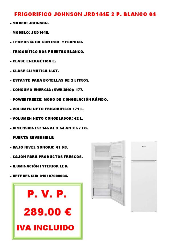 FRIGORIFICO JOHNSON JRD144E 2 P. BLANCO 04