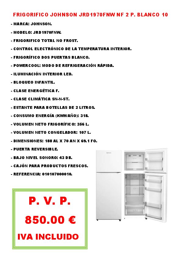 FRIGORIFICO JOHNSON JRD1970FNW NF 2 P. BLANCO 10