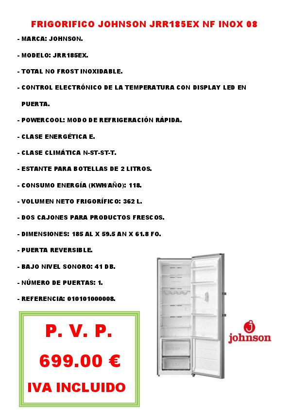 FRIGORIFICO JOHNSON JRR185EX NF INOX 08