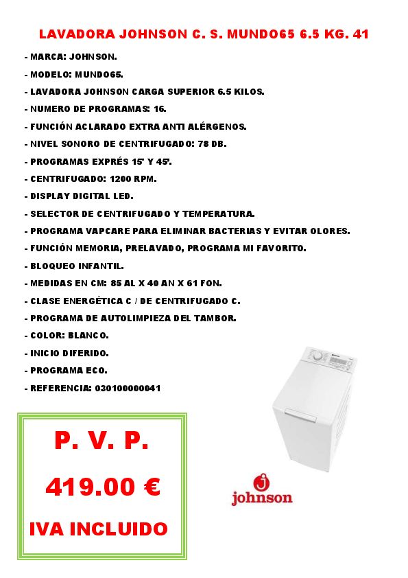 LAVADORA JOHNSON C. S. MUNDO65 6.5 KG. 41