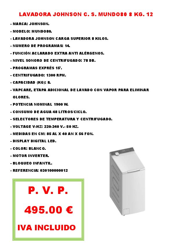 LAVADORA JOHNSON C. S. MUNDO80 8 KG. 12