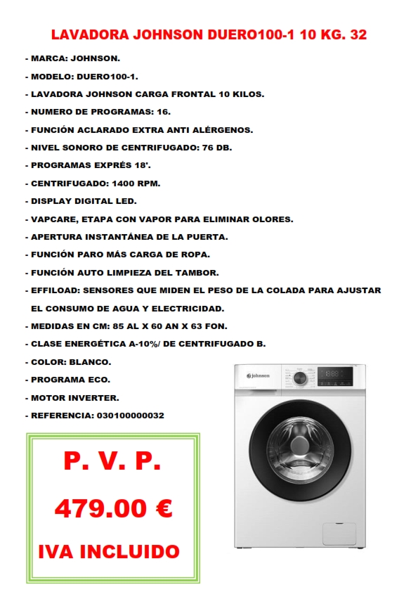 LAVADORA JOHNSON DUERO100-1 10 KG. 32